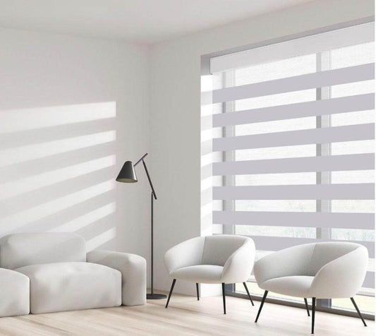 Modern living room with white SUNFREE Zebra Blinds dual roller shades filtering natural light through large window.