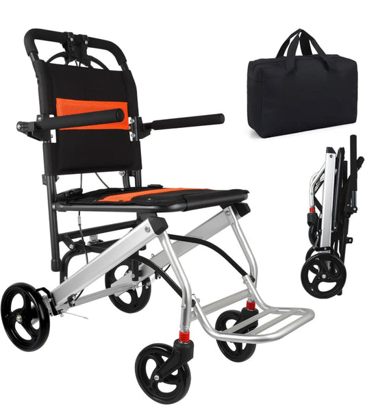 Ultra-light folding transport wheelchair with hand brake and telescopic handle, includes carry bag, designed for easy travel and portability.