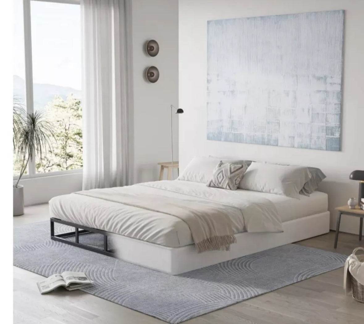 King Box Spring 5-inch high profile metal frame foundation in a modern bedroom setting.