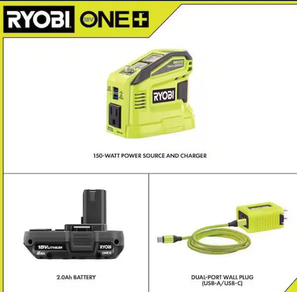 Open Box New RYOBI 18V ONE+ 150-Watt Portable Battery Inverter Power Source and Charger