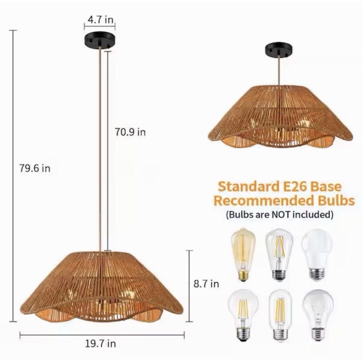 ZSMIHDOH 3-Light Black and Brown Boho Hand-Woven Natural Rattan Pendant Light