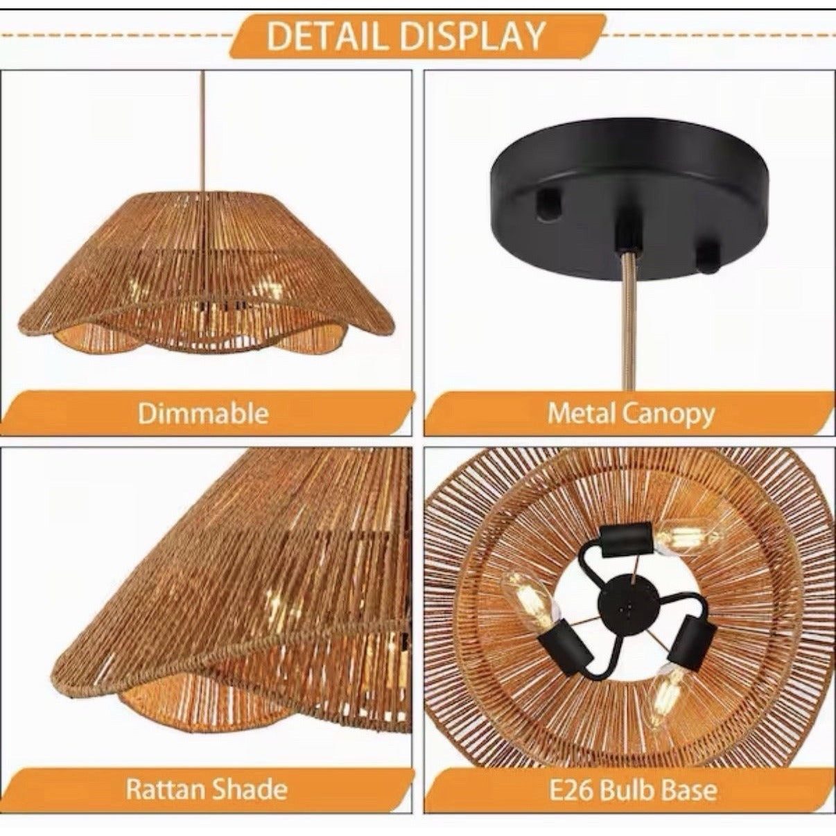 ZSMIHDOH 3-Light Black and Brown Boho Hand-Woven Natural Rattan Pendant Light