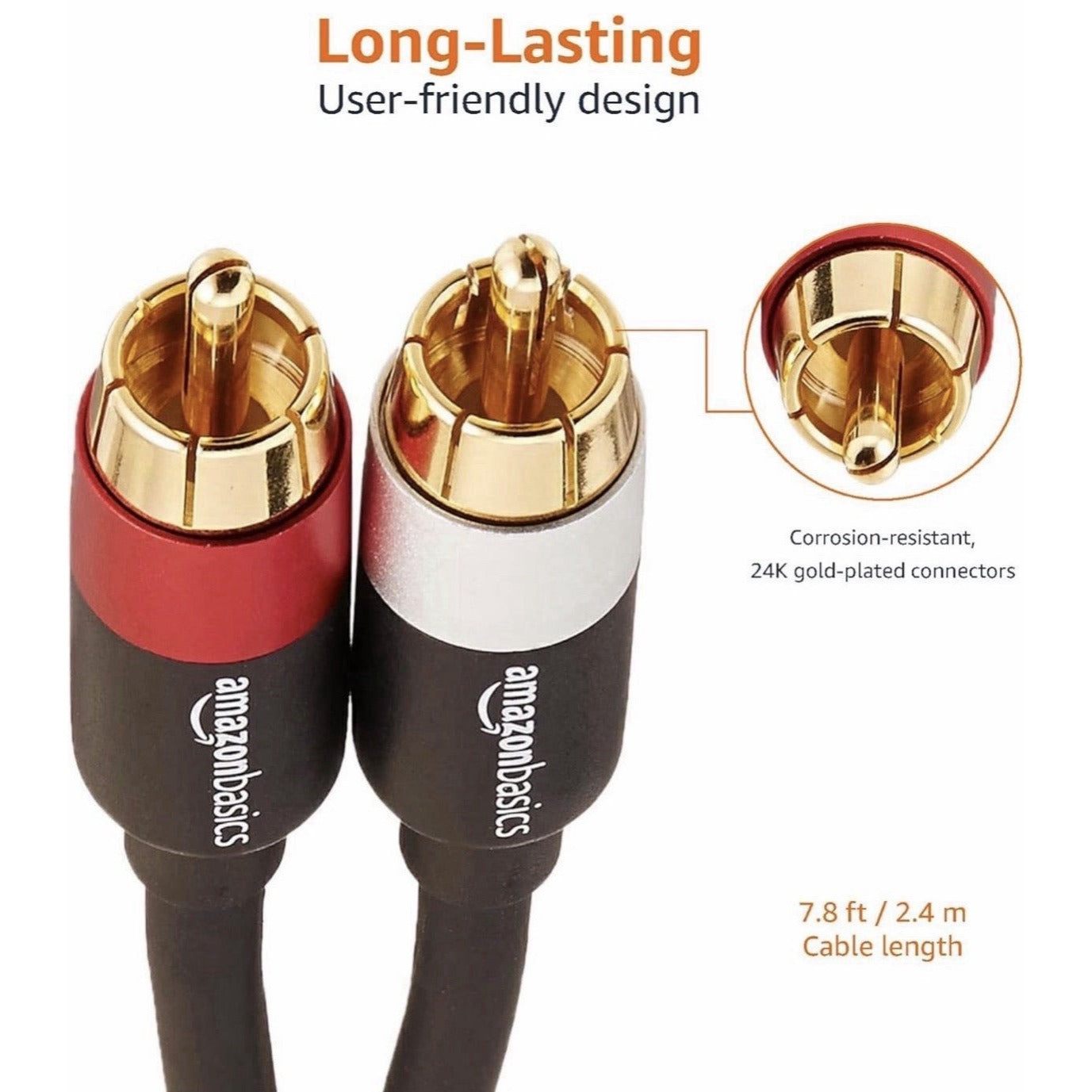 Crystal Clear 8ft RCA Audio Cable for Amplifiers and Speakers - Gold Connectors