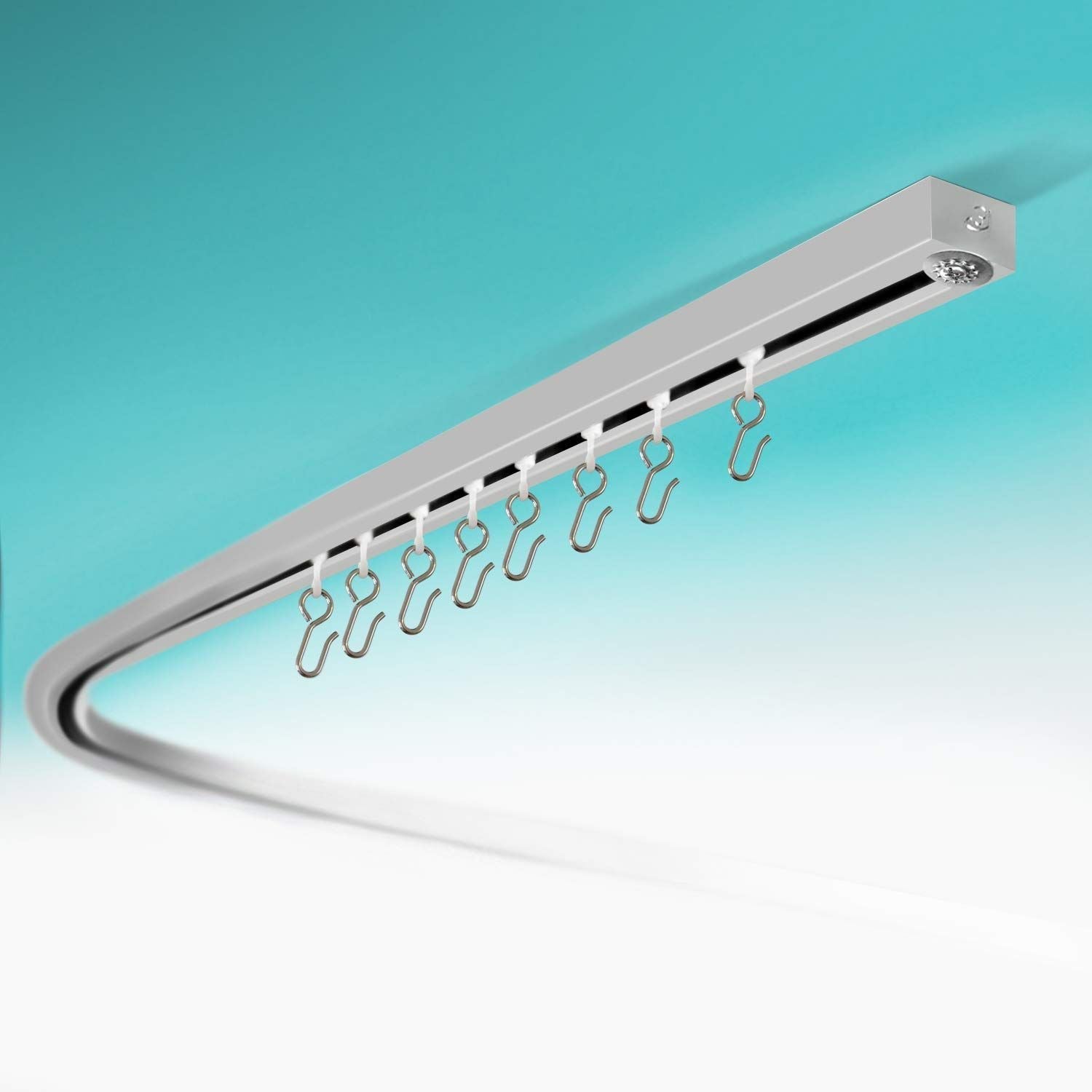 Room Dividers Now Corner Ceiling Track Set for Curtains with Hooks in Silver, 90 Degree Angle, shown with roller hooks.