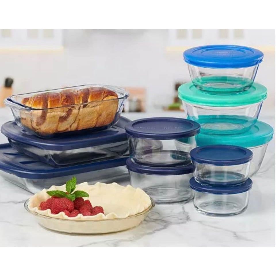 Anchor Hocking 20-piece bakeware set with baking dishes, mixing bowls, and storage containers with lids
