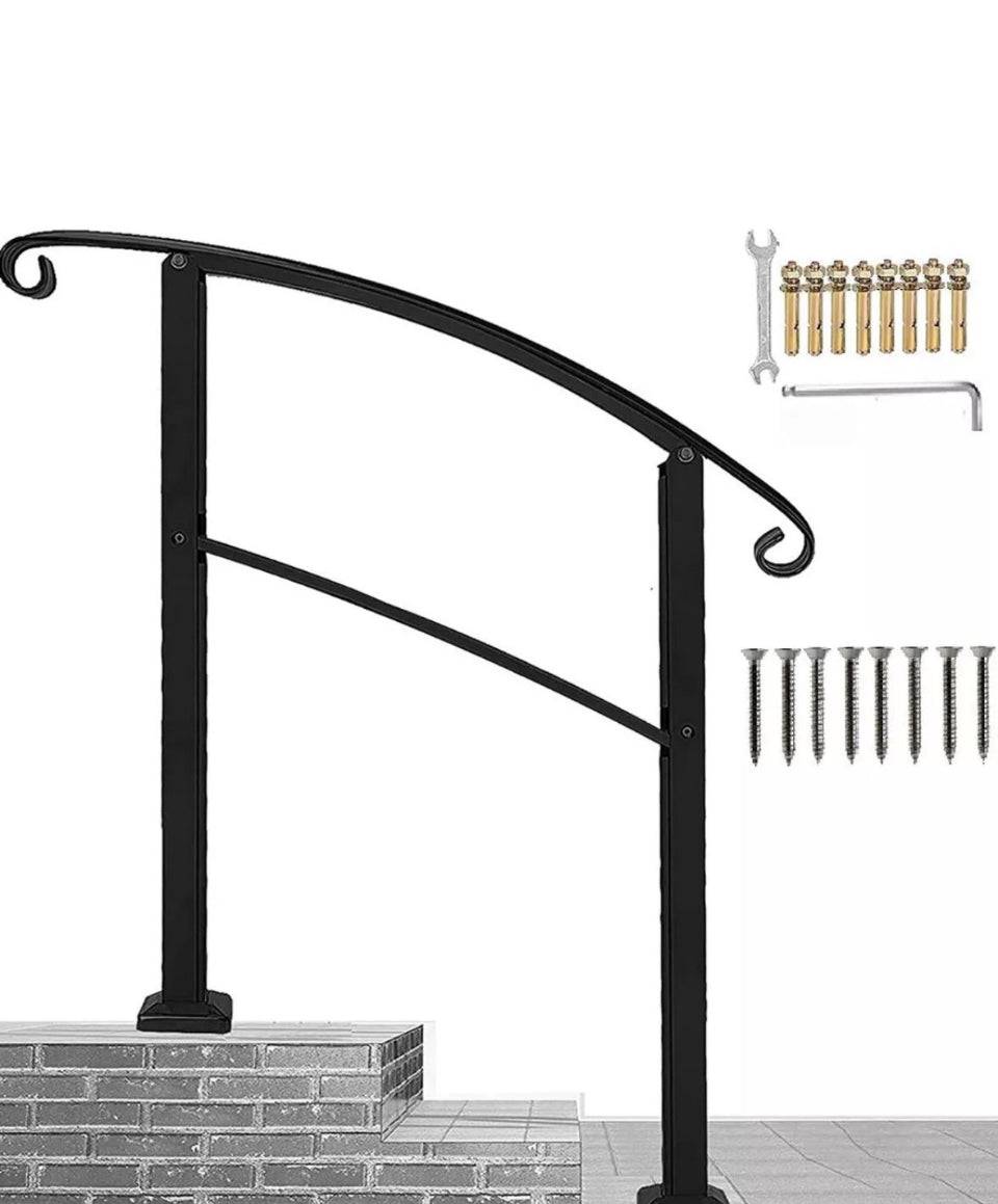 Handrails for outdoor steps, cast iron, three-step fit, weather-resistant design.