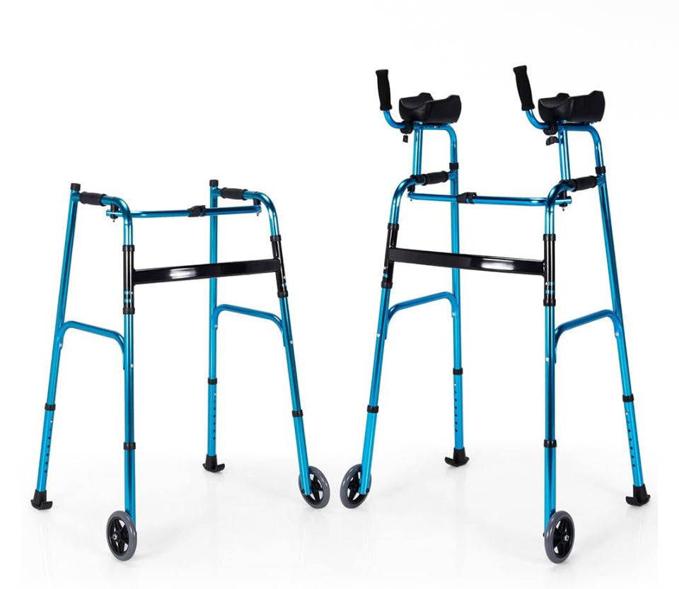 Pre-Assembled Foldable Platform Walker, Adjustable Walking Aid with 5" Wheels & Removable Padded Armrests, Folding Standard Walker for Senior, Elderly