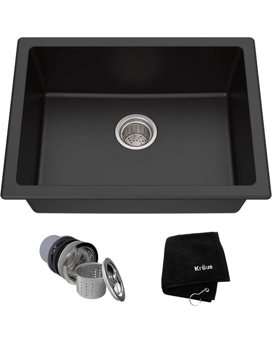 KRAUS Quarza 24-inch black onyx granite drop-in undermount single bowl kitchen sink with drain assembly and towel