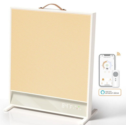 Portable electric space heater with advanced far-infrared technology, digital display, and smart control compatibility, ideal for indoor use.