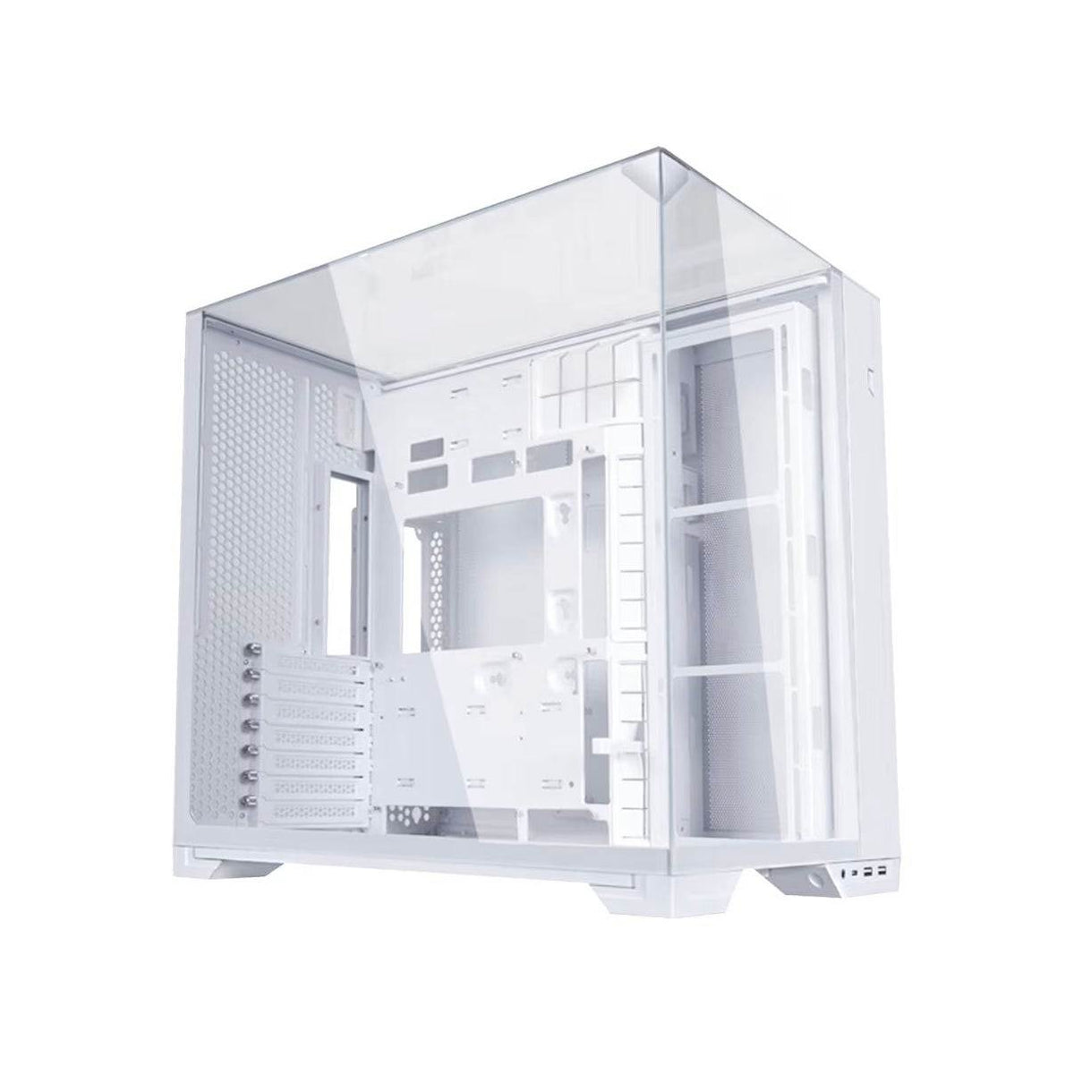 Lian Li O11 Vision Compact ATX PC case in white, with a clear tempered-glass three-panel design and dual chambers.
