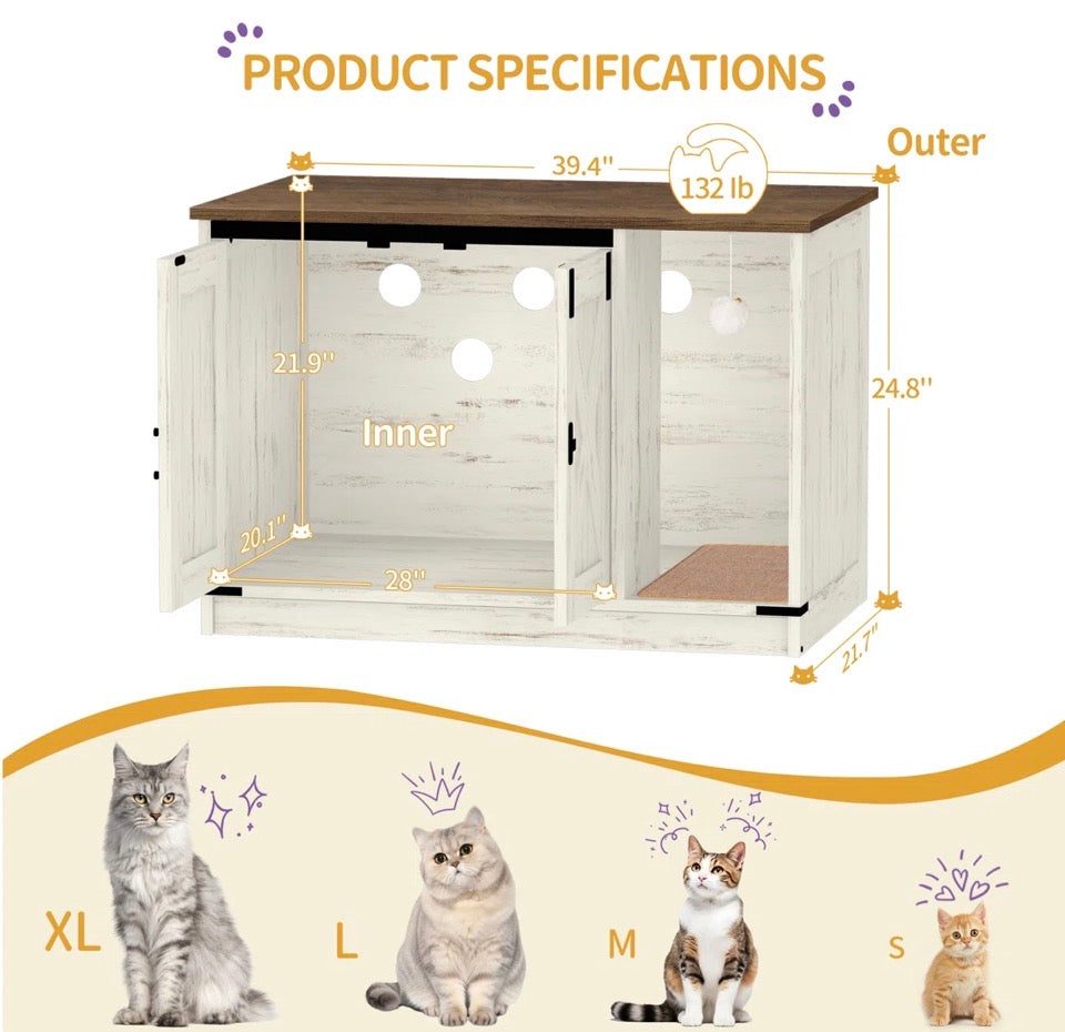 Cat Litter Box Enclosure, Hidden Litter Box Cabinet Furniture with Bell,