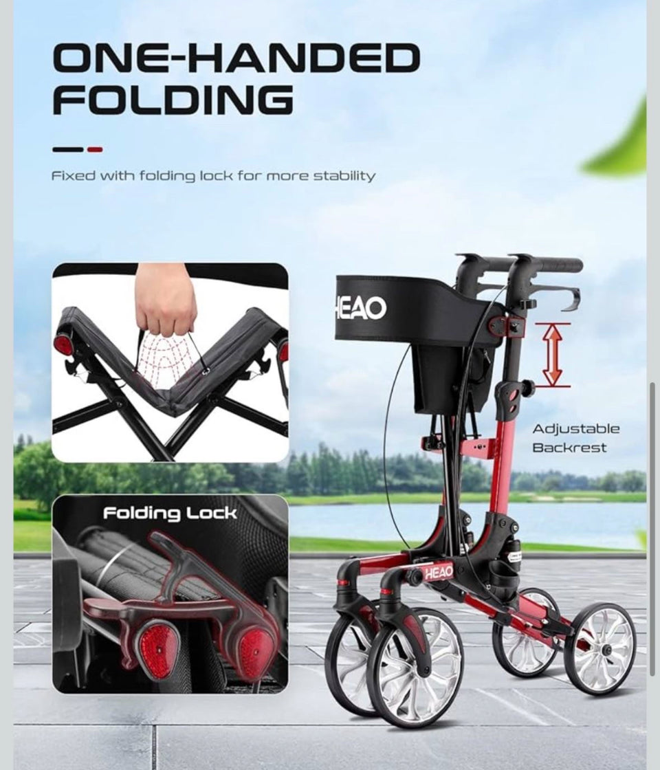 Open Box New HEAO Rollator Walker with Seat, Shock Absorber Rolling Walker for Senior with Cup Holder, Lightweight Foling Mobility Walking Aid Red