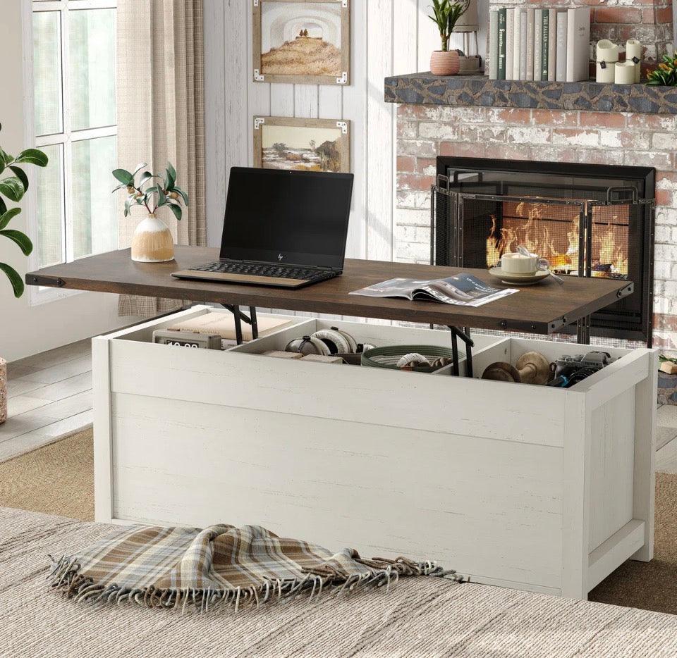 Jaquavion Coffee Table with lift top, farmhouse style, rustic white base and dark wood top, multifunction storage, living room furniture