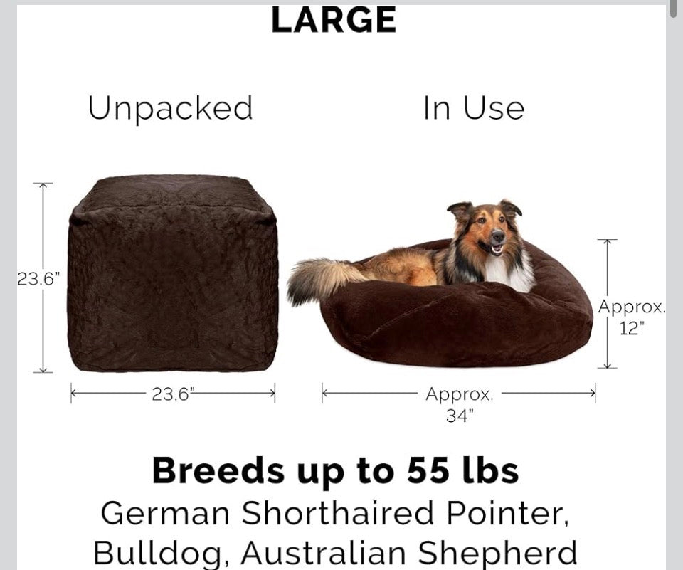 Furhaven Soft & Cozy Dog Bed for Large/Medium Dogs, Refillable w/ Removable Washable Cover & Liner, For Dogs Up to 55 lbs - Plush Faux Fur Bean Bag Style Ball Bed - Espresso, Large