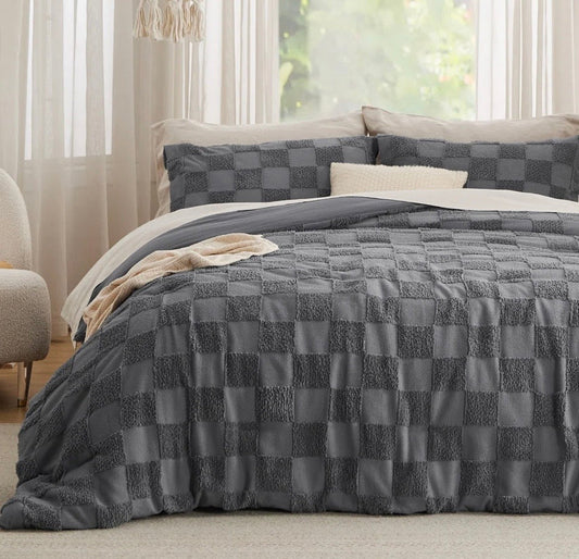 Bedsure Boho tufted checkered farmhouse comforter set in gray with jacquard design and soft brushed microfiber texture