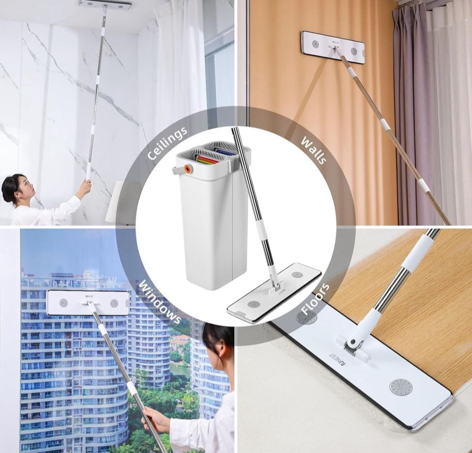 "funest Mop and Bucket with Wringer Set for Home, 16"" Large Flat Mop and Bucket System for Floor Cleaning and Wall Cleaner, Wet Dry Mop for Window Cleaner with 4 Washable Microfiber Pads"