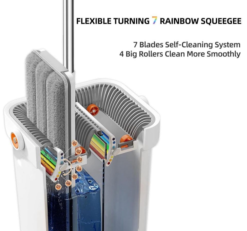 "funest Mop and Bucket with Wringer Set for Home, 16"" Large Flat Mop and Bucket System for Floor Cleaning and Wall Cleaner, Wet Dry Mop for Window Cleaner with 4 Washable Microfiber Pads"