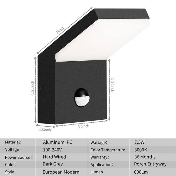 Inowel Dark Gray Wall Light Outdoor Integrated LED Wall Mount Lamp Wall Sconce Lighting with Motion Sensor Lantern Fixture