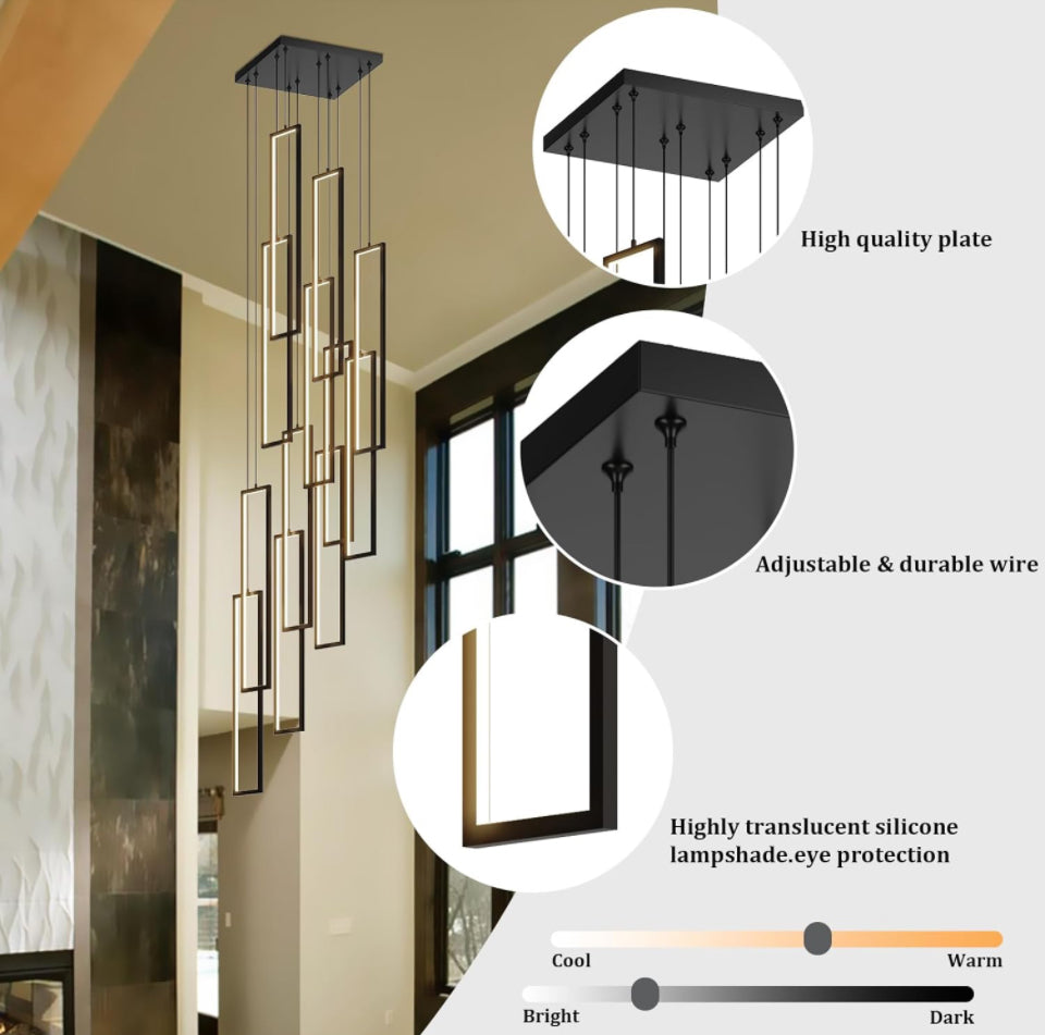 UPGENT Simple Modern LED Chandelier Stair Chandelier Dimmable 12 Ring Rectangular Chandelier high Door for Living Room lamp Hall lamp Remote Control - Selzalot