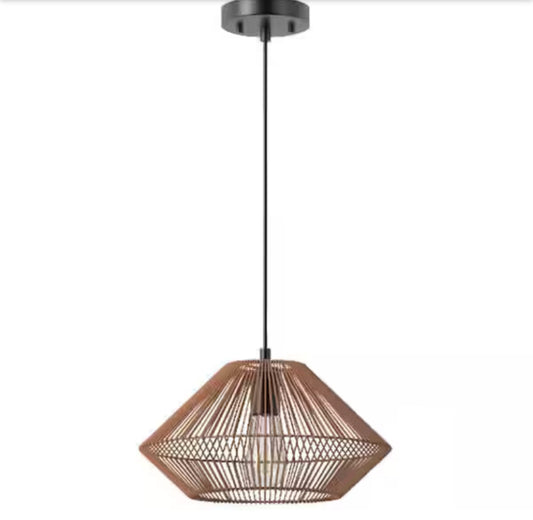Hampton Bay Savannah pendant light with matte black finish and paper twine shade.