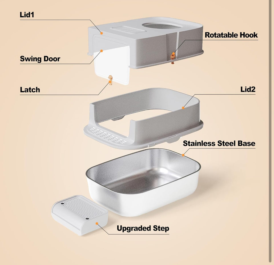 Open Box JALOVE Stainless Steel Litter Box with Lid, XL Extra Large Enclosed Metal Cat Litter Boxes for All Cats,Top Entry Kitty Litter Box with Scoop