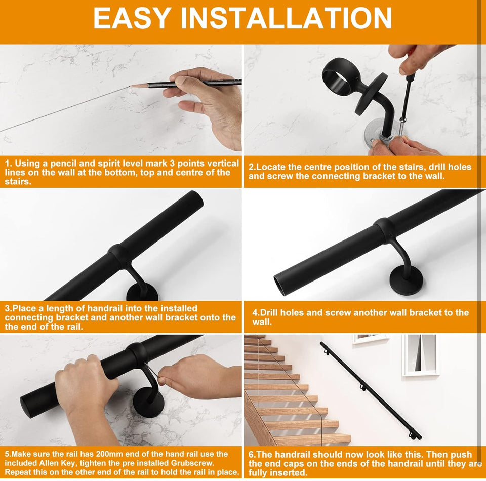 ROTHLEY 6.6 FT Industrial Handrails for Indoor Stairs: Modern Staircase Handrails Wall Mount Stair Handrail 1.6 Round Sturdy Pipe Hand Railings for St