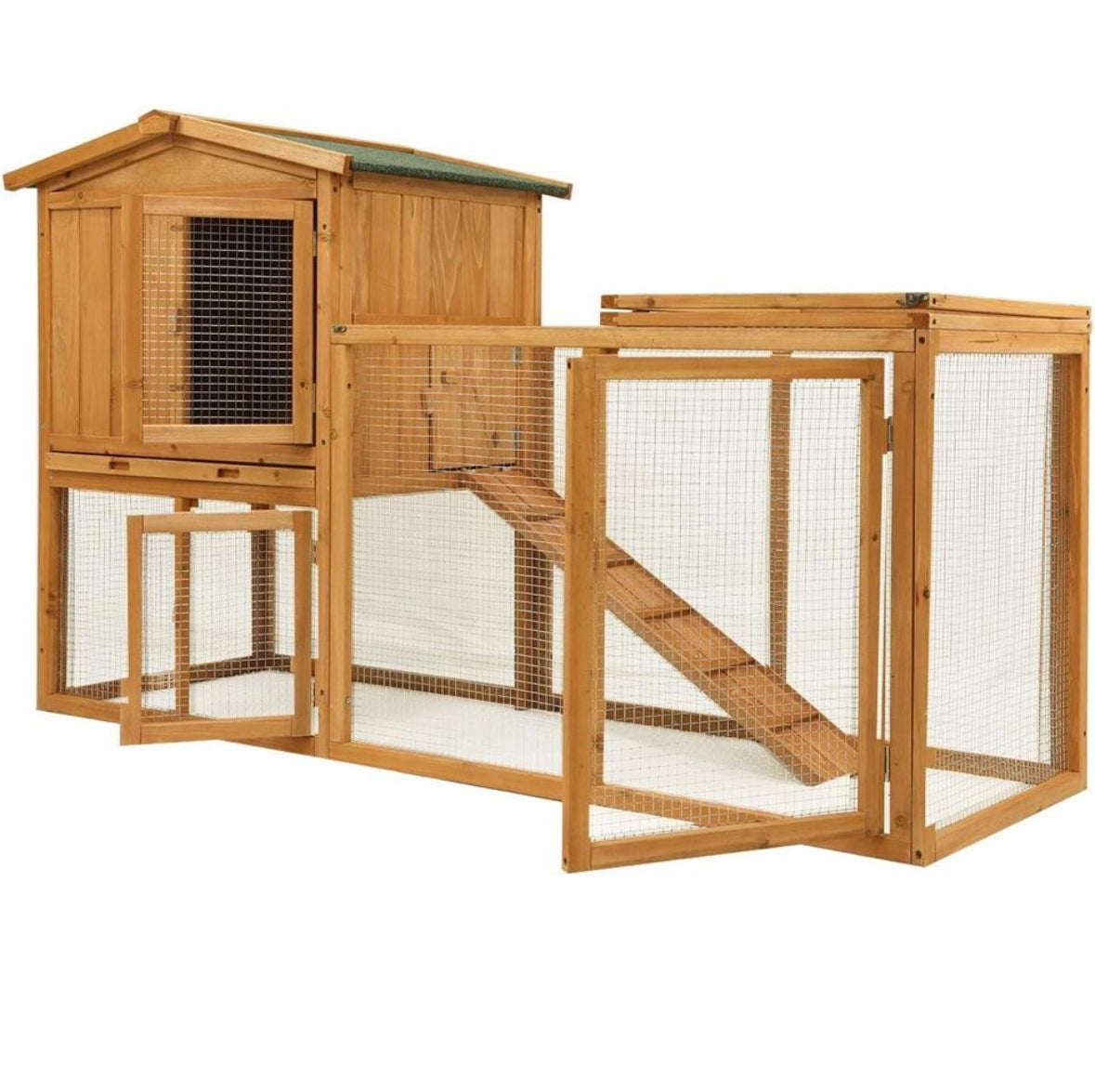 Large wooden chicken coop with raised perch, ramp, nesting box, removable tray, and mesh ventilation door for outdoor poultry housing