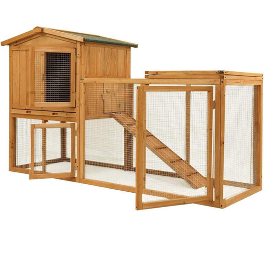 Large wooden chicken coop with raised perch, ramp, nesting box, removable tray, and mesh ventilation door for outdoor poultry housing