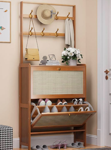 Open Box MZQRWD Bamboo Shoe Cabinet with Hooks and Ventilated Drawers