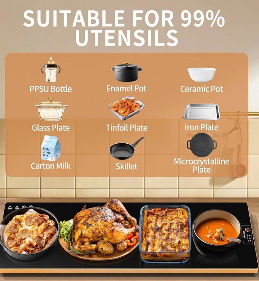 Wanish Electric Warming Tray（Extra Long 40”x12”），Food Warmer with Thermostat and Full Surface Heating，Food Warming Mat with 2 Temperature Modes for Pa