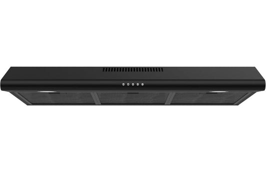 FIREGAS 36 inch black under cabinet range hood with 200 CFM, 3-speed fan, LED lights, and multi-layer aluminum grease filters.