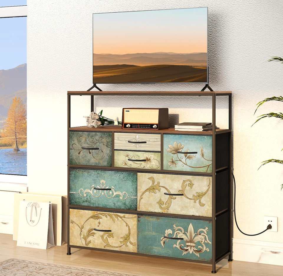 Open Box Sealed Tohomeor TV Stand with Power Oulet Dresser with Charging Station & LED Light Dresser with 8 Fabric Drawers for Living Room Storage Che