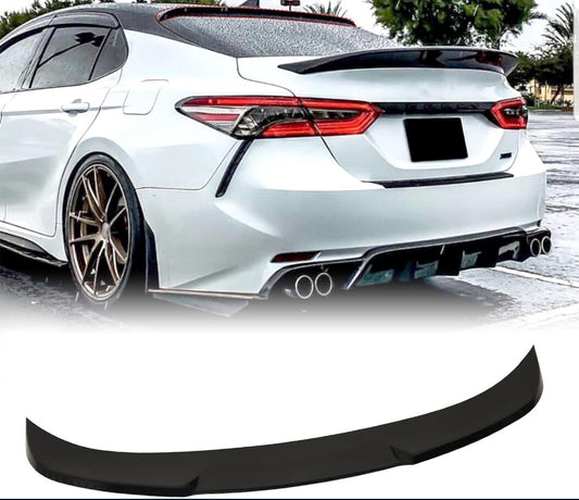 8th Gen Camry rear spoiler, matte black, Auraroad M4 style, compatible with 2018-2024 models.