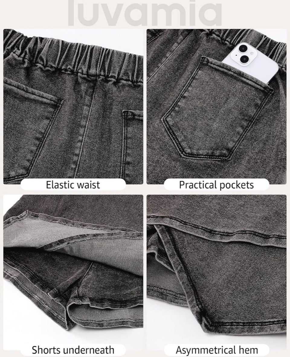 luvamia Jean Skorts for Woman High Waisted Pull On Stretchy Denim Wrap Skirt wit