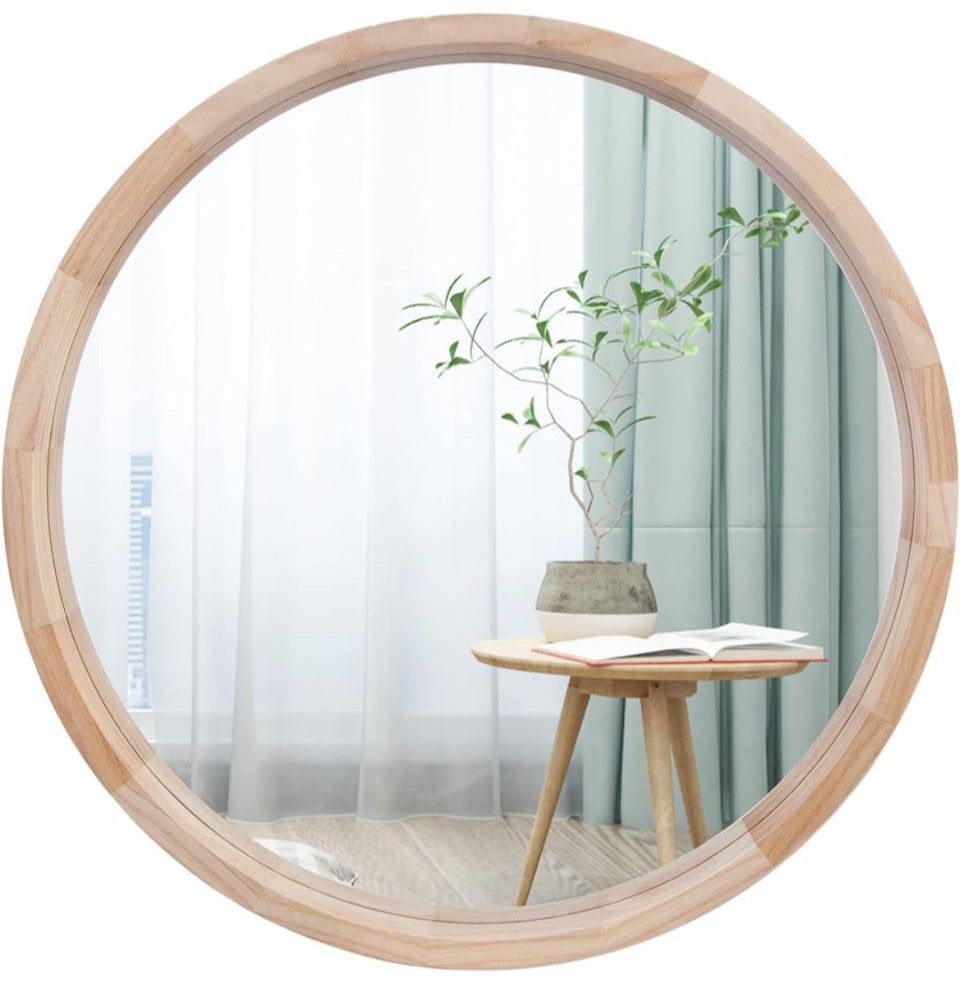 CONGUILIAO round mirror with 24-inch natural solid wood frame and decorative circle design for farmhouse style bathroom or vanity wall mounting