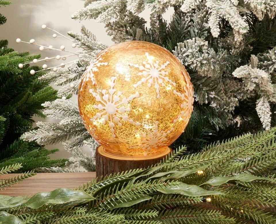 Open Box New Diahom Christmas Table Decorations 6 Inches Champagne Gold Snowflake Cracked Glass Ball Lights Up Tabletop Mantel Centerpieces Xmas Decor