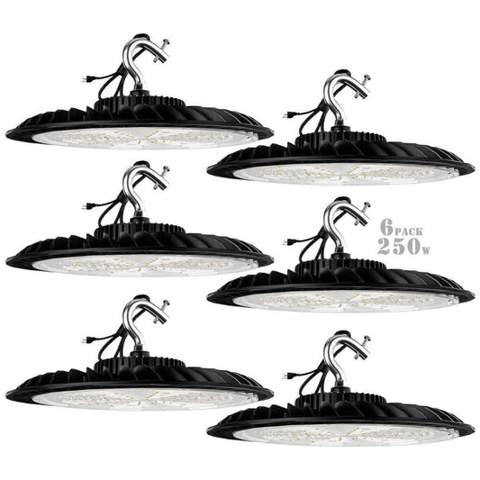 bulbeats 250W UFO LED High Bay Lights 6-pack for warehouses and garages, 35000lm output, 5000K, IP65 rated.