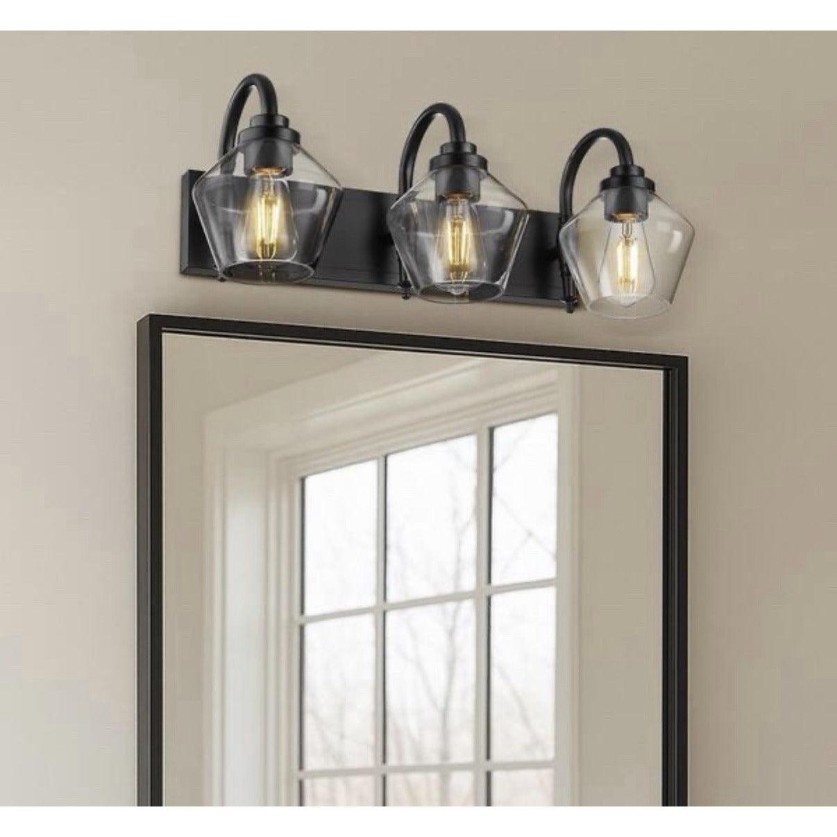 JAZAVA 23.2 in. black 3-light vanity light with clear glass shades and curved arms
