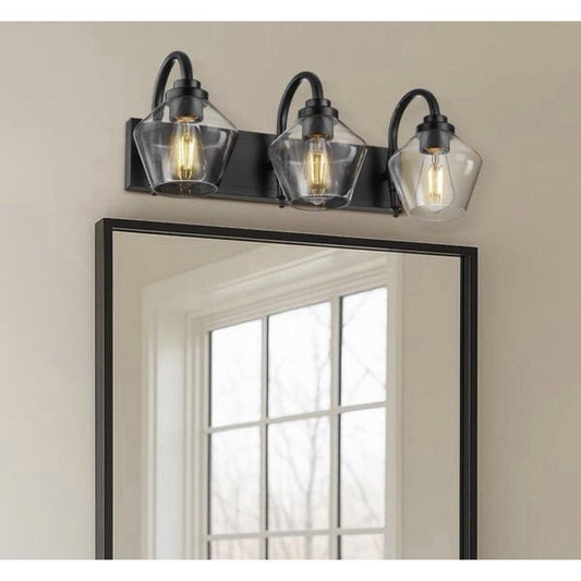 JAZAVA 23.2 in. black 3-light vanity light with clear glass shades and curved arms