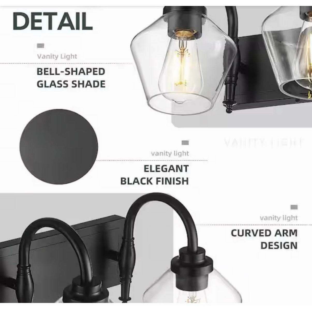 JAZAVA 23.2 in. 3 Light Black Vanity Light with Clear Glass Shade