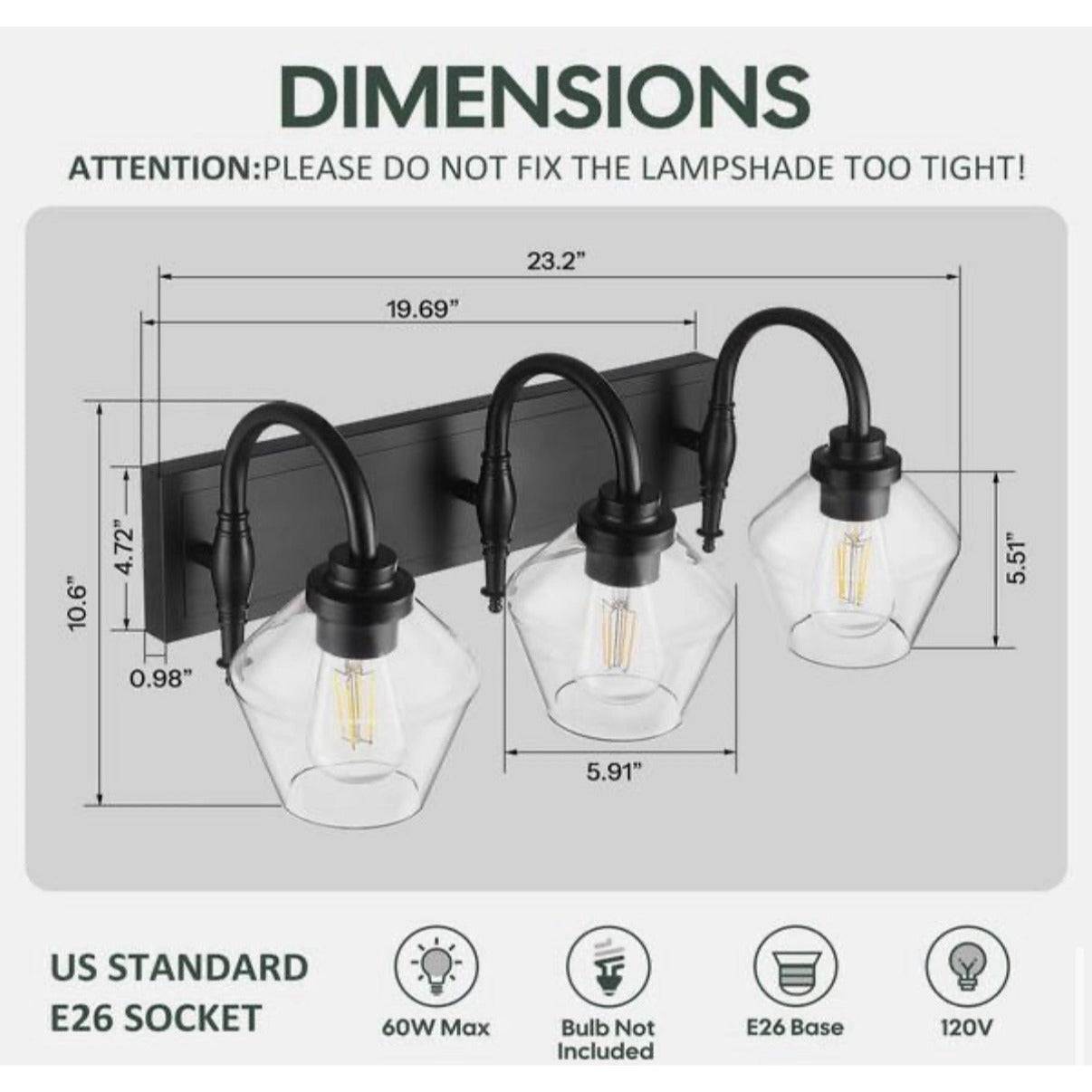 JAZAVA 23.2 in. 3 Light Black Vanity Light with Clear Glass Shade