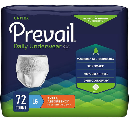 Prevail Daily Protective Underwear unisex large size 72 count with MaxSorb gel technology and odor guard for incontinence protection