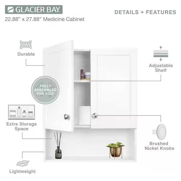 Open Box Glacier Bay 22-7/8 in. W. x 27-7/8 in. H Framed Surface-Mount Rectangular Bathroom Medicine Cabinet with Mirror, White