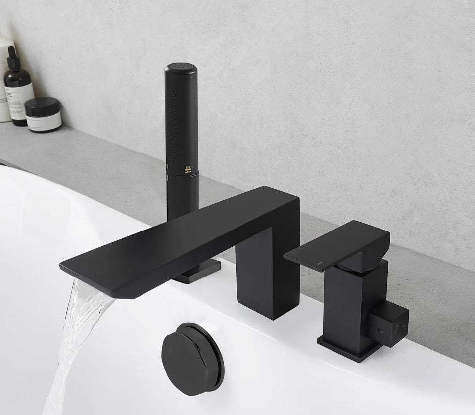 BESy 1 Handle solid brass matte black deck mounted Roman bathtub faucet with 2-function handshower and diverter