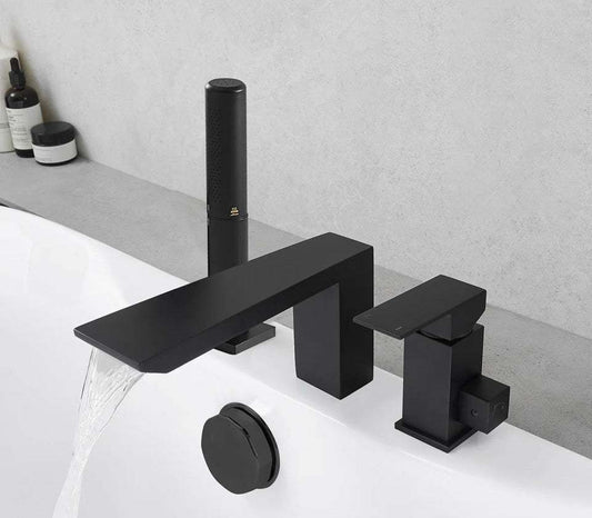 BESy 1 Handle solid brass matte black deck mounted Roman bathtub faucet with 2-function handshower and diverter
