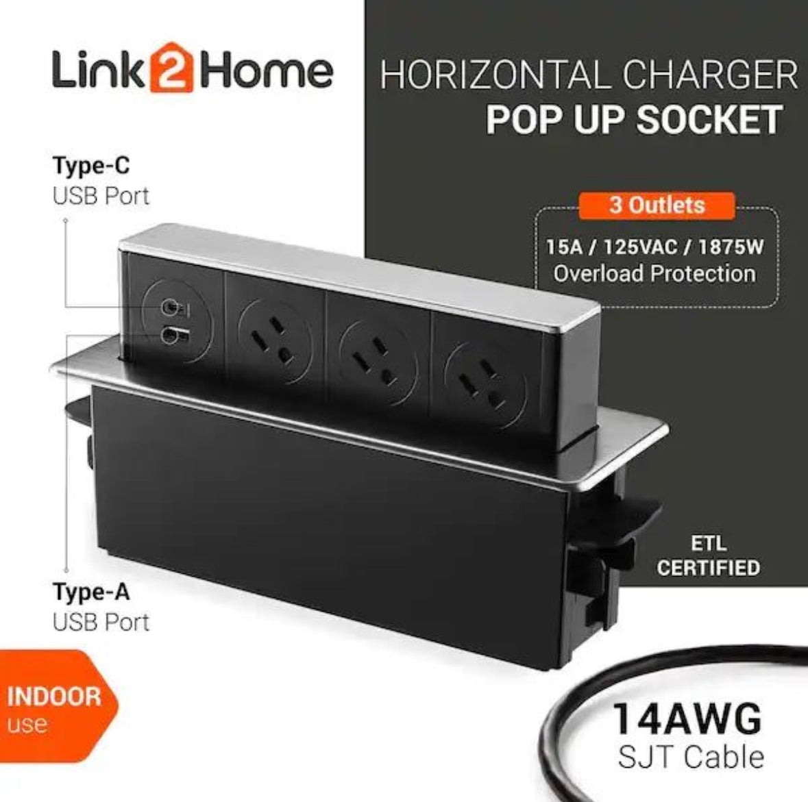 Link2Home 3-Outlets Space Saver Pop Up Socket, Receptacle Power
