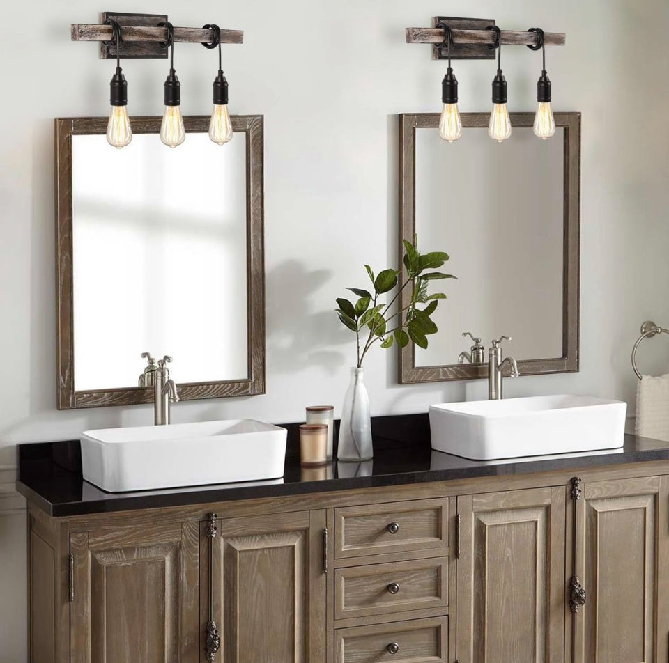LMSOD 3 Lights Vintage Wall Sconce, Farmhouse Industrial Bare Bulb Wire Wrapped Wood Beam Linear Bathroom Vanity Light