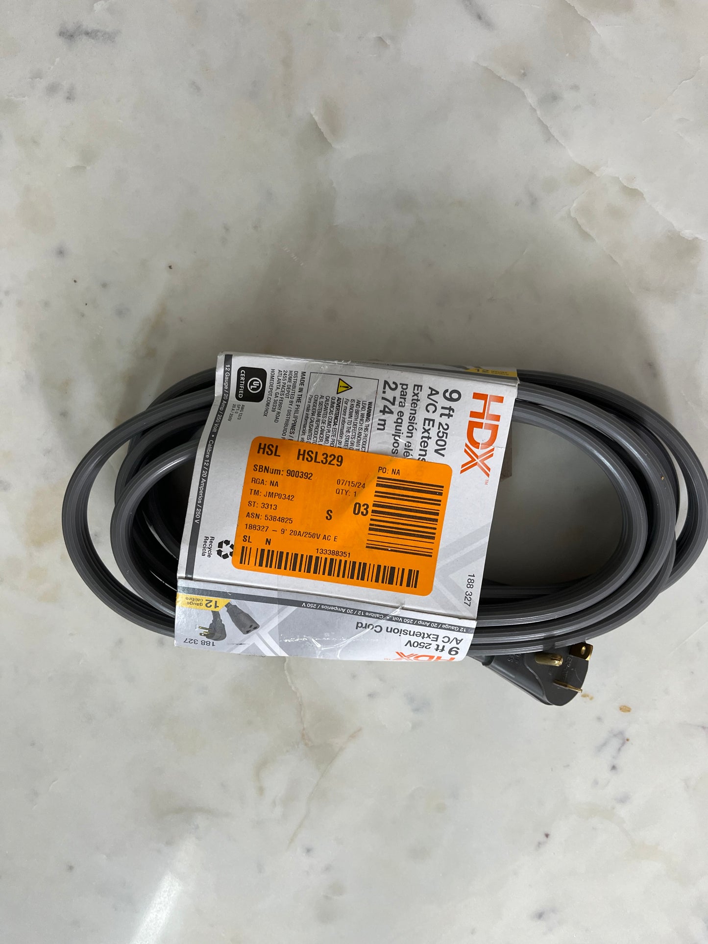 HDX 9 ft. 12/3 20 Amp 250-Volt Air Conditioner Extension Cord, Grey