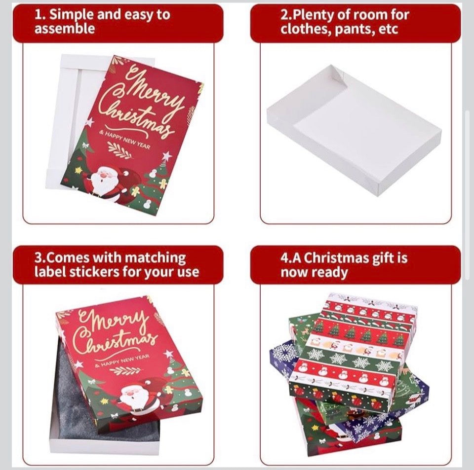 Brand New Uvaluefeet 12 Pack Christmas Gift Boxes with Lids, Patterned Shirt Clothes Boxes(12 Clothing Gift Boxes, 4 Designs: 3 Pieces Per Design & 1