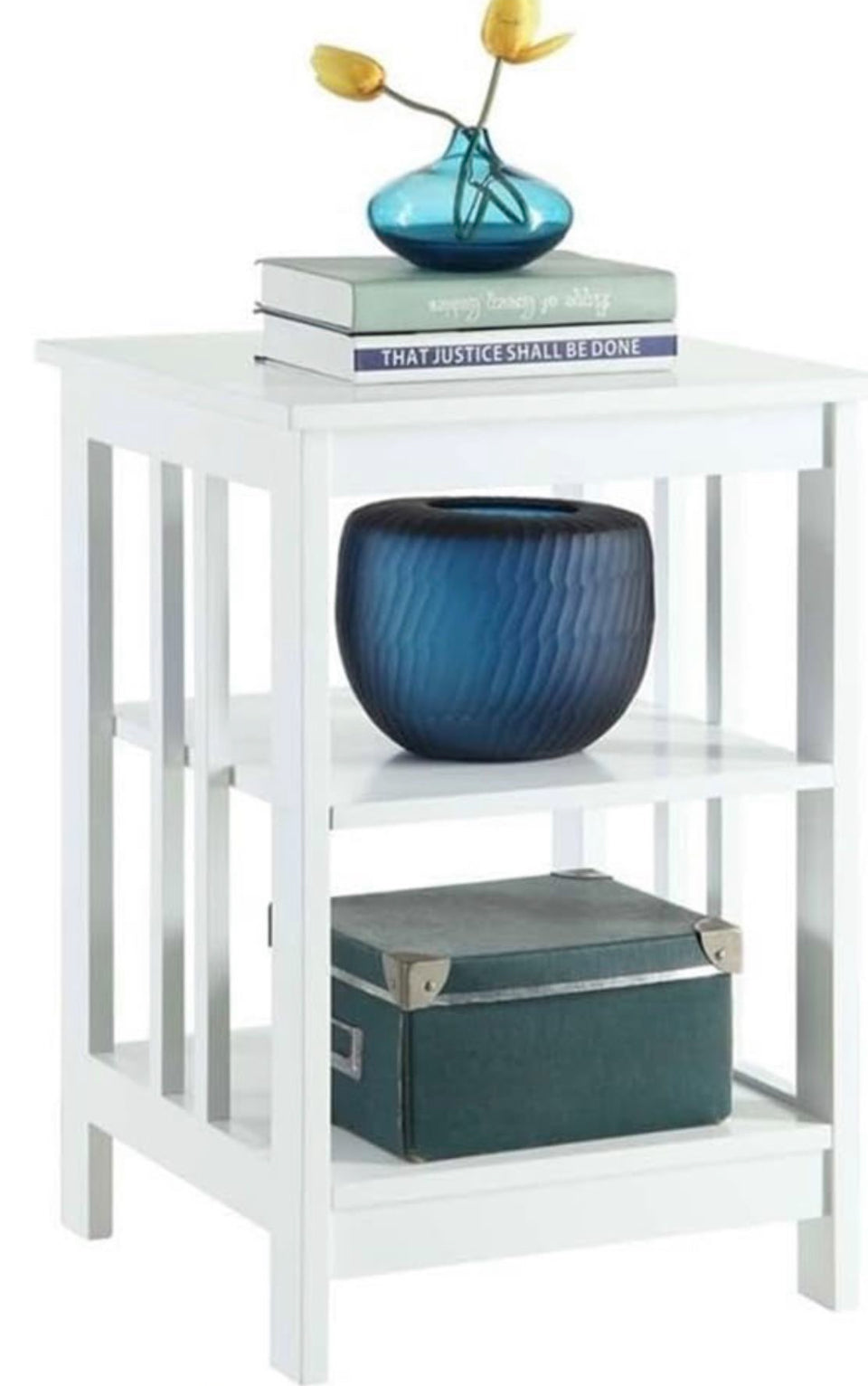 White wooden Convenience Concepts Mission end table with two shelves and decorative items on top and shelves